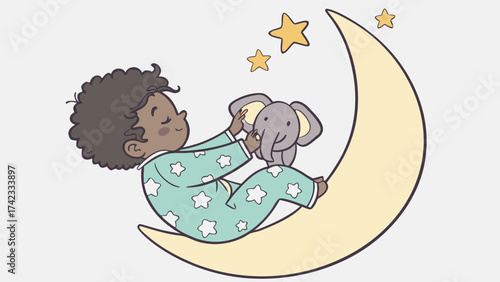 Baby Boy with Elephant Toy Resting on a Crescent Moon