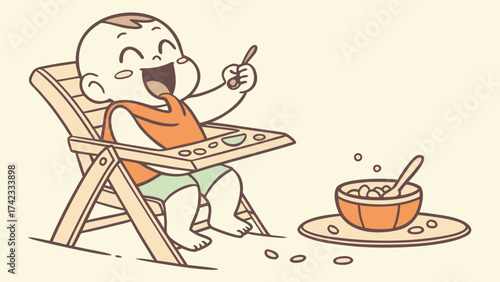 Cartoon baby in highchair eating food with a spoon