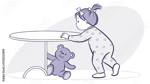 Baby girl with teddy bear looking under a table in cartoon