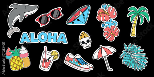 Collection of vibrant tropical summer vacation icons and aloha text on black background