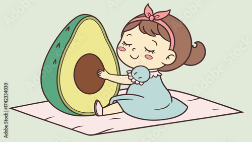 Cartoon girl with closed eyes hugging a large avocado fruit