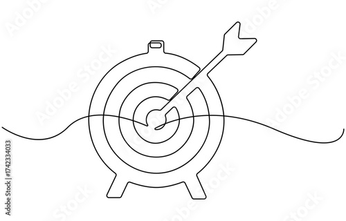 Target with an arrow hitting the center, one continuous line illustration.