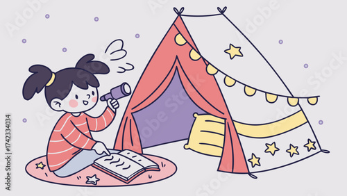 Boy with telescope reading book in his cozy play tent