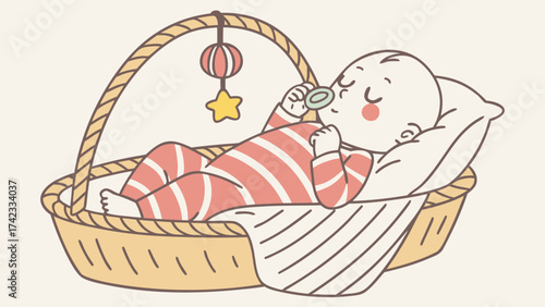 Chubby baby in striped romper lying peacefully in basket
