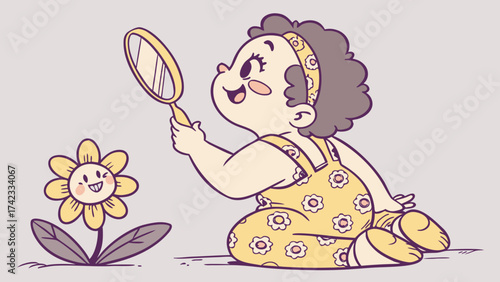 Cartoon baby girl looking in a mirror with flowers