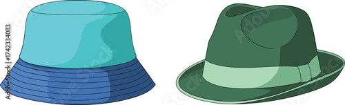 Two different stylish hats illustration, blue bucket hat and green fedora hat, fashion accessories, vector design for clothing and apparel