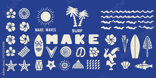 Collection of hawaiian and surf themed icons and text elements on a blue background