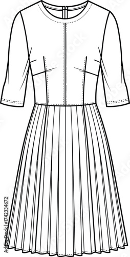 Technical fashion illustration, pleated skirt dress, fitted bodice, round neckline, elbow sleeves, couture garment sketch, structured tailoring, pattern making, clothing design