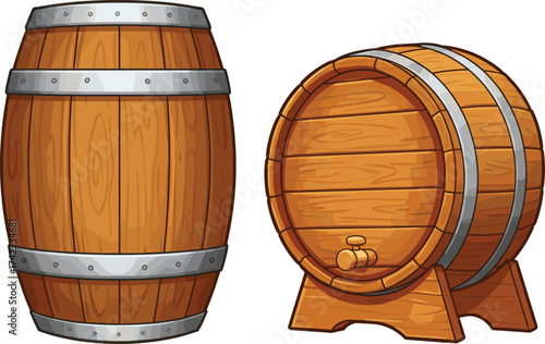 Wooden barrels illustration, vintage beer and wine storage container with metal bands, classic oak cask design for alcohol cellar art
