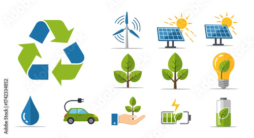 Ecology environment green energy sustainability renewable resources conservation nature eco friendly power recycling solar wind water electric car battery plant leaf lightbulb hand future earth clean 