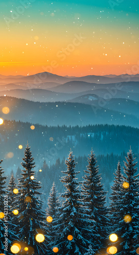 Golden sunset over the sea with a cloudy sky and distant mountain landscape of pine forest in the winter fog