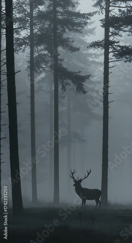 Foggy morning on the lake with a wild deer silhouette illustration