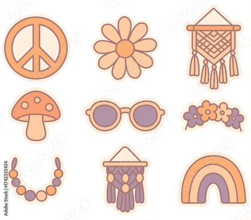 Set of boho hippie stickers with peace symbol, daisy, rainbow, macrame, sunglasses, mushroom, flower crown, and beads. Retro vintage pastel vector design for prints, decor, or packaging.