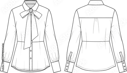 Women blouse sketch, bow tie neckline design, button down fashion top, gathered cuff blouse, tailored garment illustration, clothing technical drawing