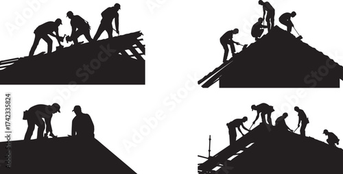 Roofing contractors construction workers silhouette building repair installation job site
