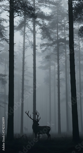 Morning light streams through the foggy woodland, illuminating green trees in the dark forest landscape