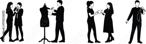 Fashion designers working with clients, taking measurements, sketching designs, tailoring clothes, teamwork in fashion studio, creative clothing design process