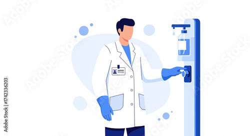Doctor using hand sanitizer dispenser in healthcare facility to prevent virus spread