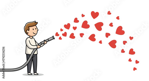 Cartoon man spreading love with a hose filled with hearts for valentine's day