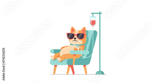 Cool dog illustration receiving intravenous therapy with sunglasses in a chair so funny