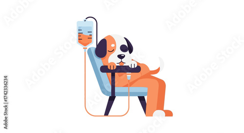 Adorable cartoon dog receiving intravenous therapy sitting in a chair vector illustration