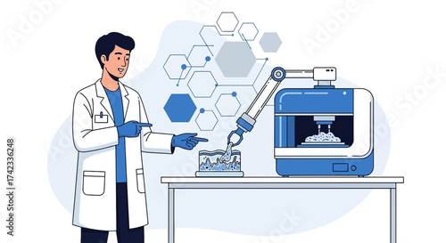 Futuristic skin regeneration concept with 3D printing technology by scientist illustration