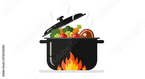 Illustration of a cooking pot filled with meat and vegetables on a flame stove, a delightful