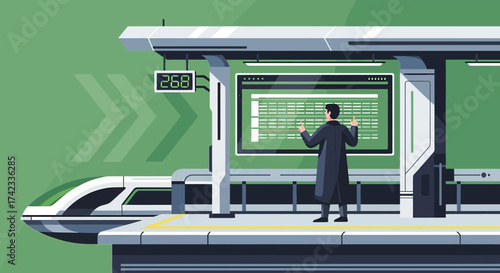 Futuristic train station illustration featuring schedule display and commuter awaiting transport