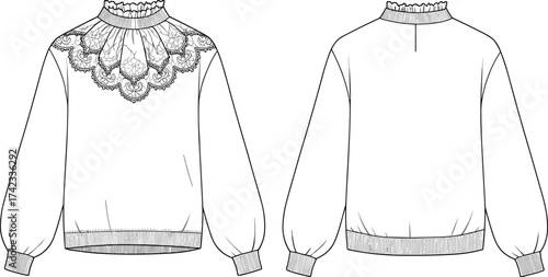 Women blouse sketch, ruffled neckline fashion design, lace yoke blouse, gathered waistband garment, long sleeve cuffed blouse, clothing technical drawing