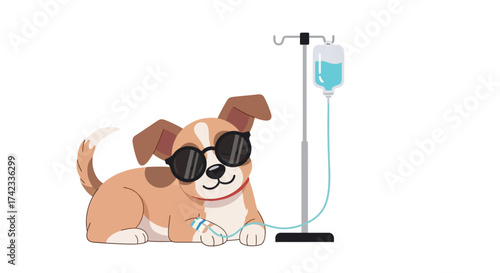 Cartoon dog receiving intravenous fluids while wearing sunglasses against a white background