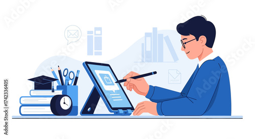 Illustration of a student using tablet for online education and digital learning