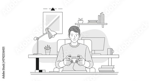 Illustration of a young man playing video games at home in his spare time activity