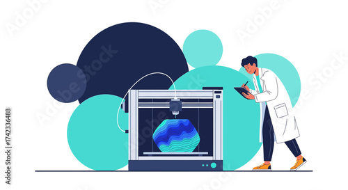 Illustration showcasing a scientist monitoring a 3D printer creating a complex geometric shape