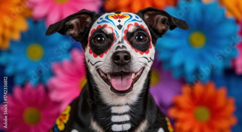 Cute happy chihuahua dog with colorful sugar skull makeup painting surrounded by bright flowers. Day of the Dead celebration in Mexico concept for festive holiday pet event. Dia de los Muertos