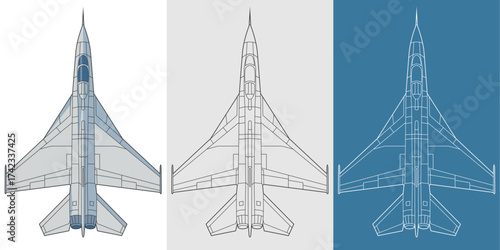 Set shenyang j 6 military aircraft design in blueprint, lineart and colored style from top view. Vector illustrations colorful fighter jet. Chinese modern combat warplane.