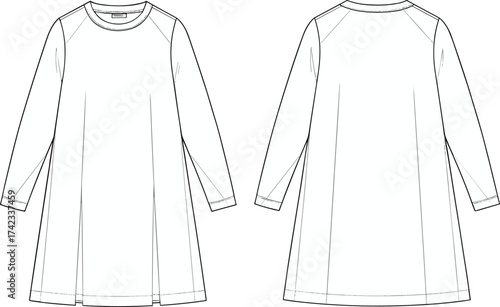 Women’s A-line dress, long sleeve fashion sketch, raglan sleeve dress design, round neck garment flat, loose fit clothing illustration