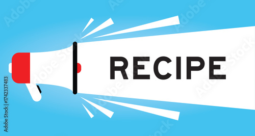 Color megaphone icon with word recipe in white banner on blue background