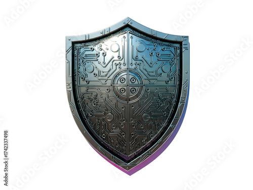 Metallic shield with circuit board design against transparent background