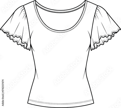 Women top sketch, scoop neckline blouse, flutter sleeve fashion design, lace trim garment, fitted waist shirt, clothing technical drawing illustration