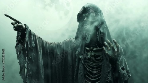 A skeleton of death against a foggy backdrop stares ahead, a portrait. Halloween. A skeleton covered in dried skin and dressed in a black cloak points ahead. A pirate ghost, a bad omen