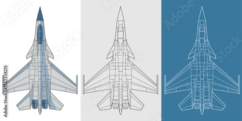 Set shenyang j 11 military aircraft design in blueprint, lineart and colored style from top view. Vector illustrations colorful fighter jet. Chinese modern combat warplane.