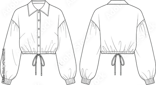 Women’s cropped blouse with drawstring hem, technical fashion illustration, apparel design sketch, garment construction drawing, voluminous sleeve clothing design, button front top