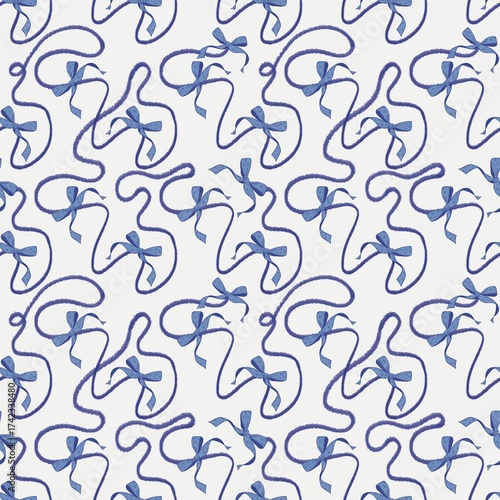  A seamless pattern with blue bows on ribbon. It will look great on both gift wrap and children's clothing.