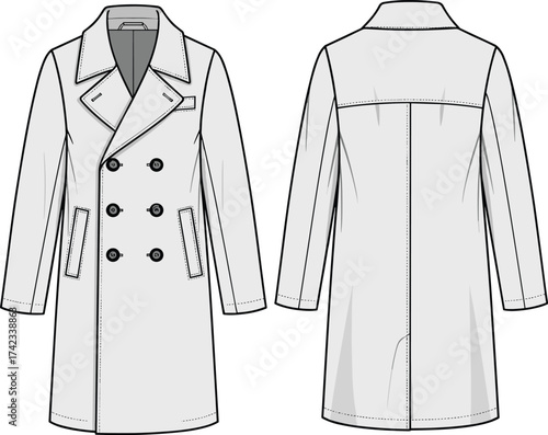 Women’s double breasted trench coat, technical fashion illustration, apparel design sketch, garment construction drawing, outerwear clothing design, front and back view