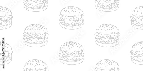 doodle burger pattern background. doodle fast food seamless pattern. Seamless Pattern of a Cheese Burger or Hamburger. hamburger pattern.