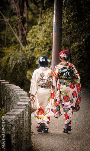 two women dressed in kimonos in Kyoto, Japan