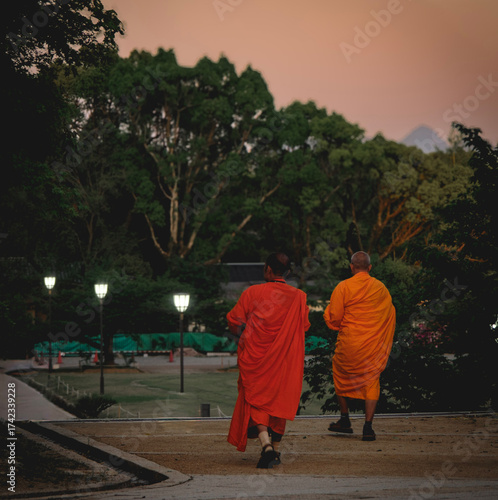 Thai monks walking in the garden of Himeji castle