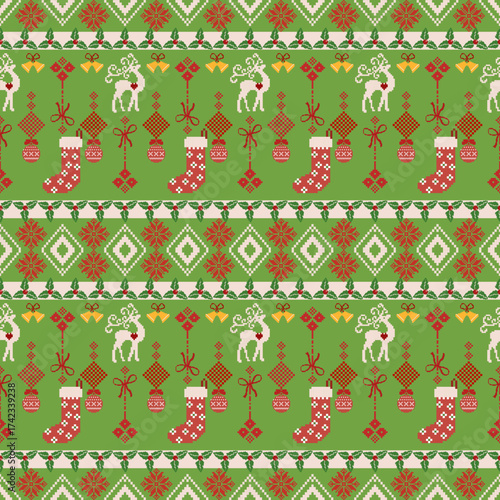 Seamless traditional Christmas and Fair Isle knit style. reindeer, Christmas stockings, bells, snowflakes. Perfect for winter textile design, festive backgrounds, gift wrapping, and apparel prints.