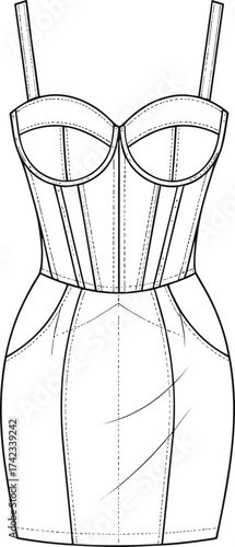 Women’s fitted dress design, technical fashion illustration, apparel design sketch, garment construction drawing, structured bodice clothing design, sweetheart neckline fashion