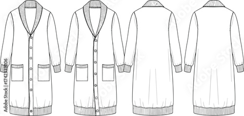 \Women’s long cardigan sweater, technical fashion illustration, apparel design sketch, garment construction drawing, ribbed shawl collar clothing design, button front knitwear